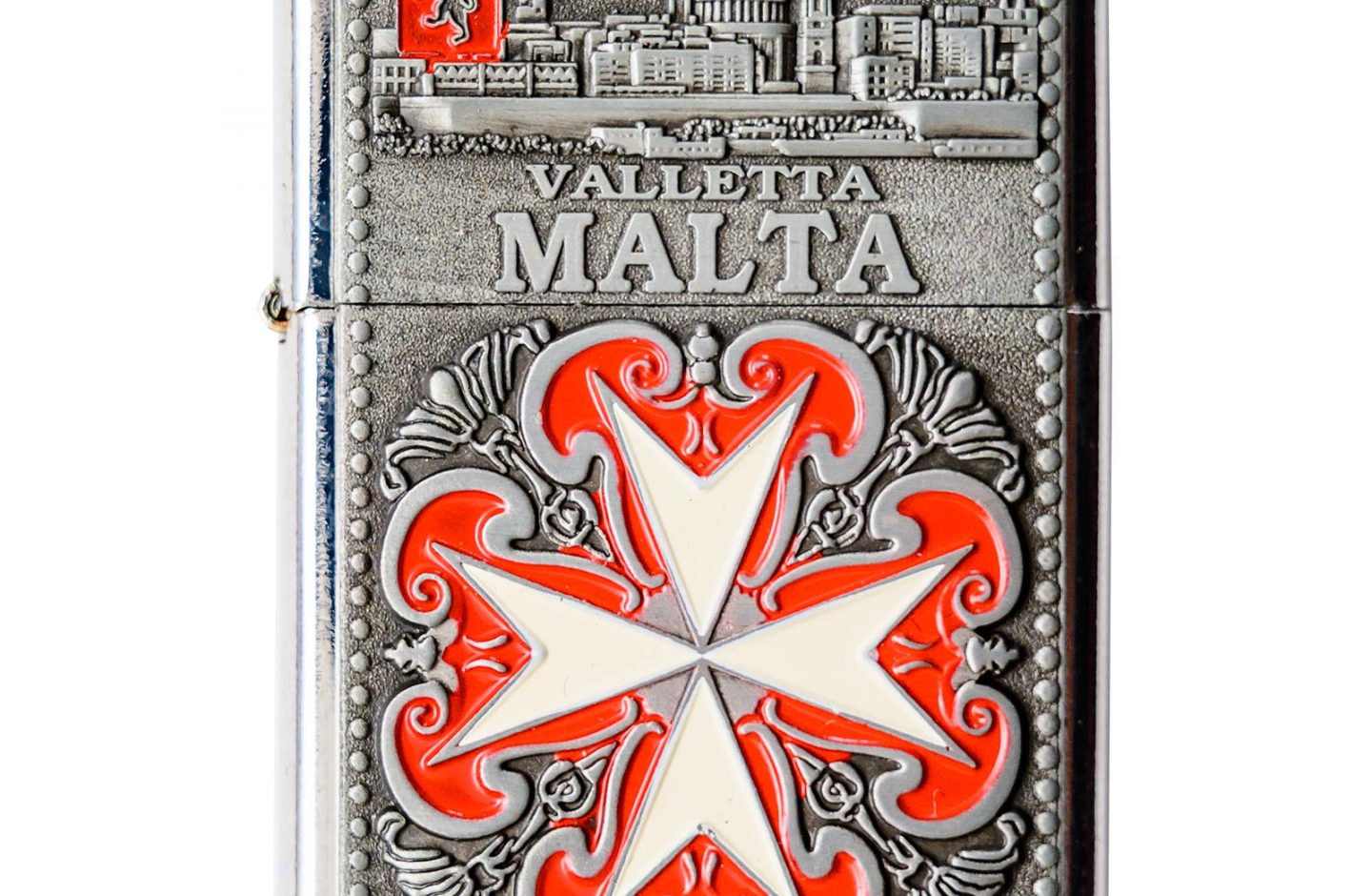 Designed Refillable Metal Lighter:  Valletta (White 8-Pointed Cross on Red Background)