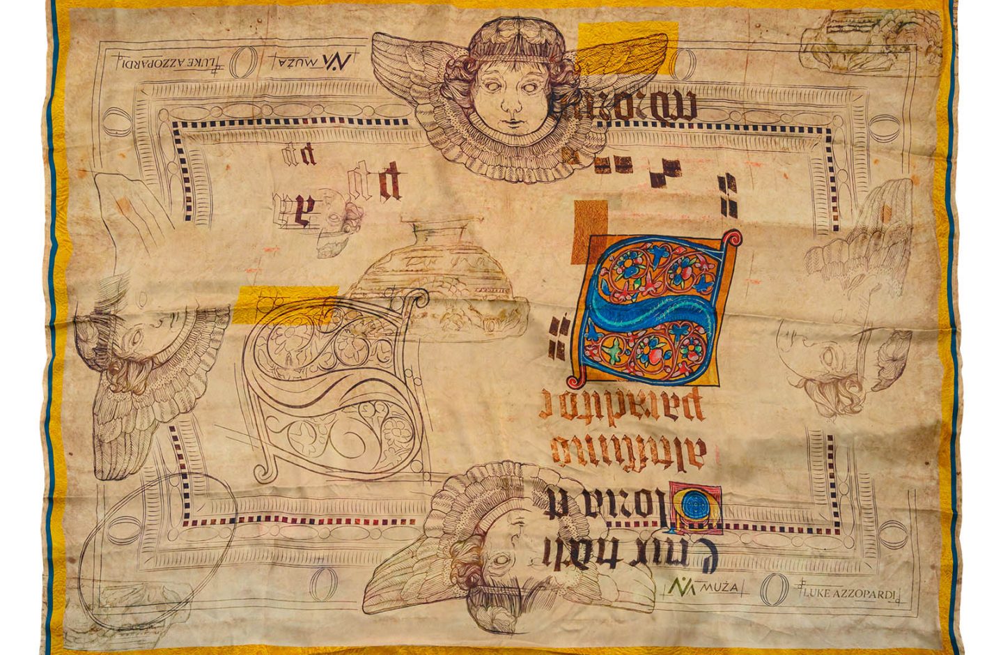 Scarf: ‘Fragment from a Choral Book showing a historiated initial’ and ‘Holy Water Stoup’